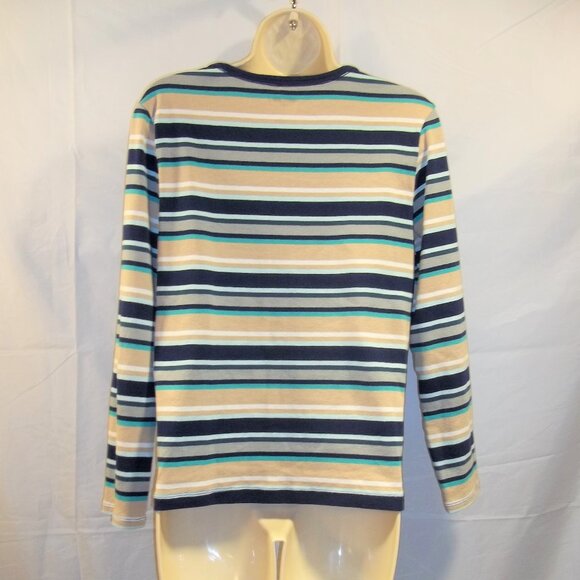 Lands' End Womens Shirt Top Blouse Size Large Striped Long Sleeve Blue Tan - Picture 2 of 6